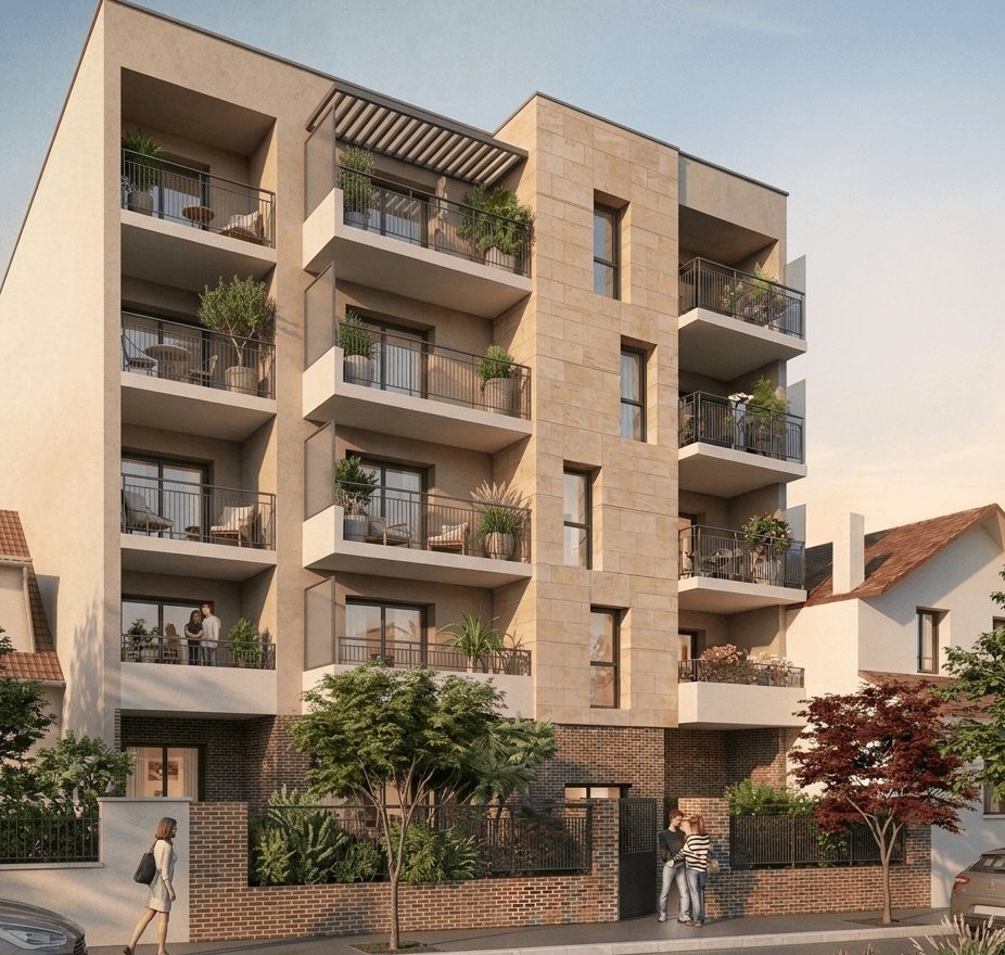 Façade de la résidence Le 61 à Fontenay-sous-Bois, architecture contemporaine en brique