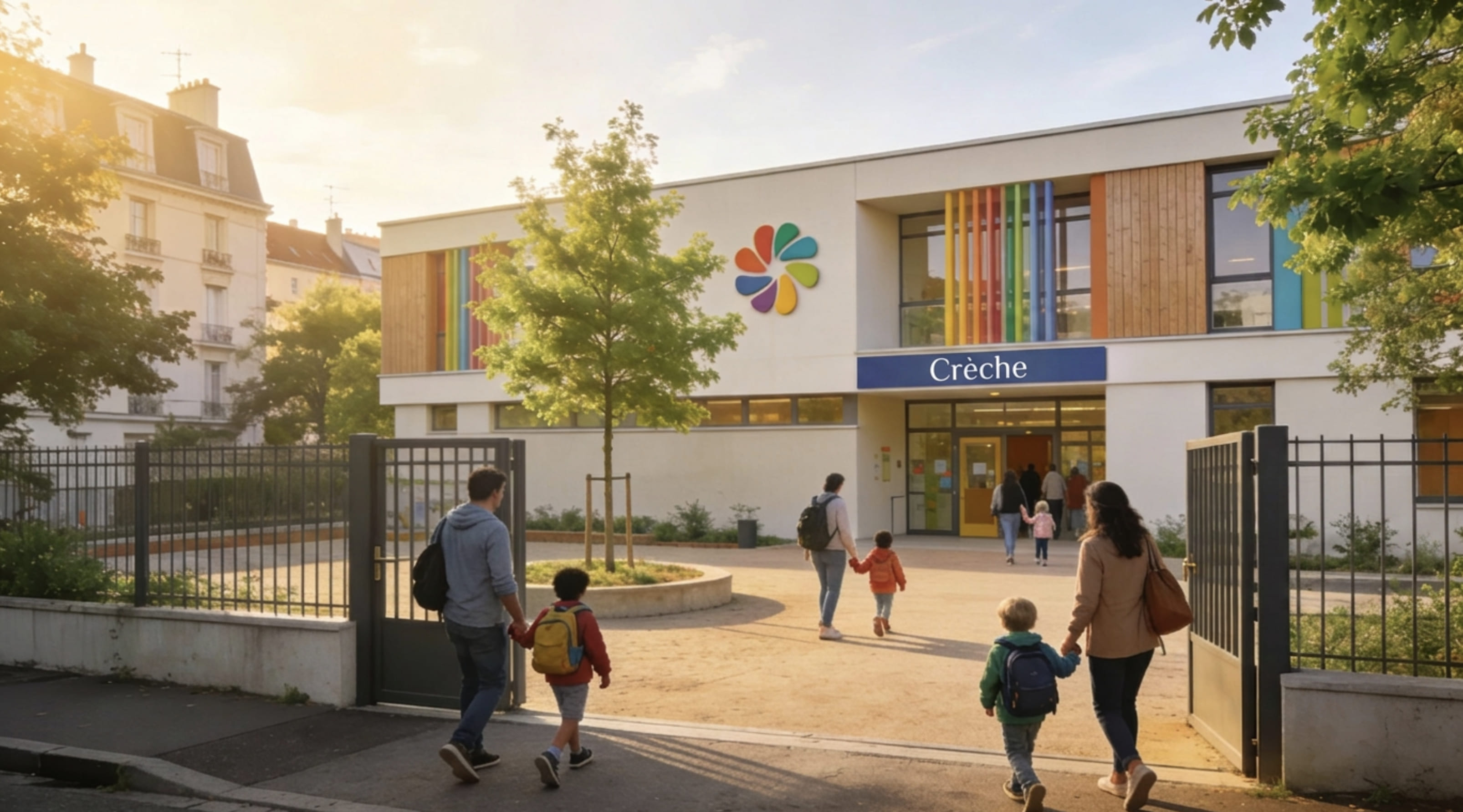 Parents et enfants arrivant à pied devant une crèche du quartier, en fin de journée
